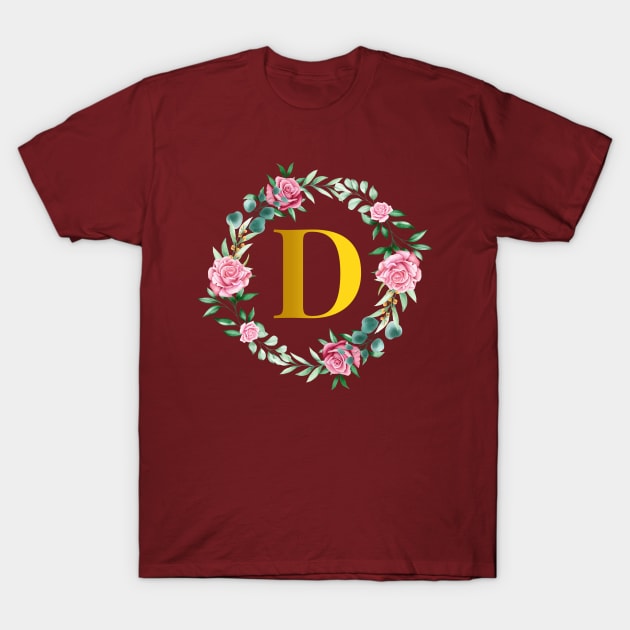 Floral Initial Wreath Monogram letter D T-Shirt by MyArtCornerShop
